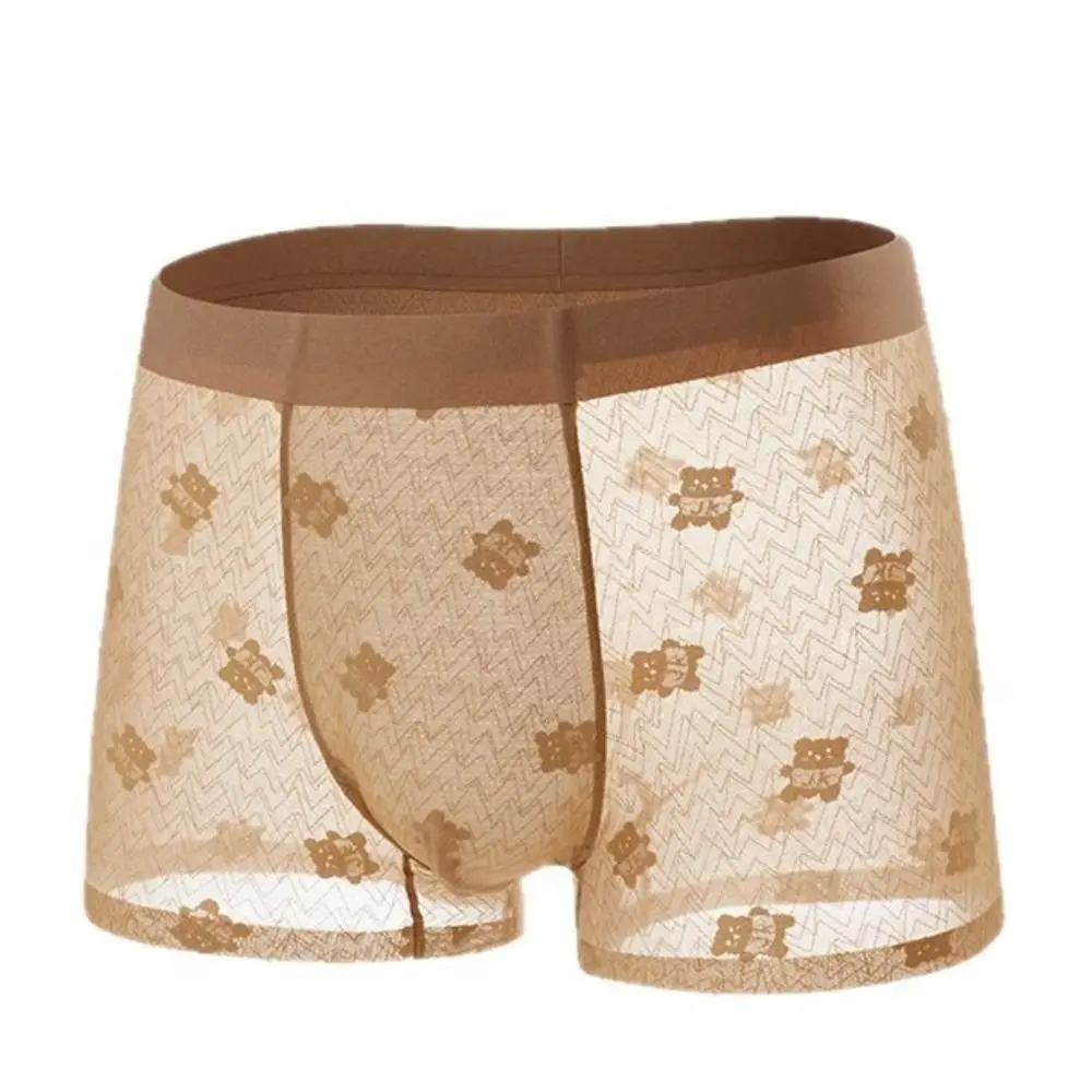 

Мужские тонкие сетчатые боксеры с кружевом и принтом медведя, размеры L-4XL, большие размеры, из ледяного шелка, 10A, антибактериальные, прозрачные, на каждый день