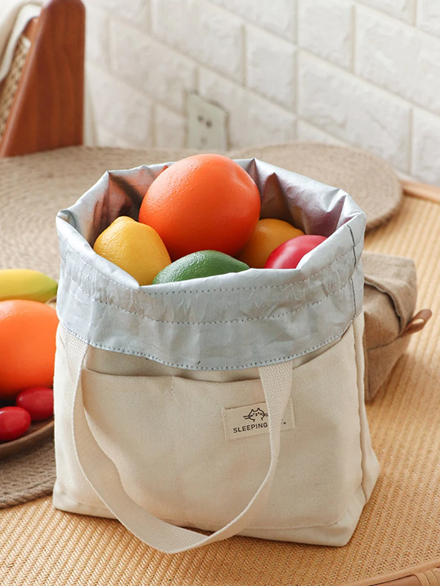 Isolierte Lunchtasche aus Segeltuch mit Kordelzug, verdickte Aluminiumfolie, Thermo-Bento-Box, Tragetasche, Kühler, Handtaschen für Büro, Picknick im Freien – Detail 9