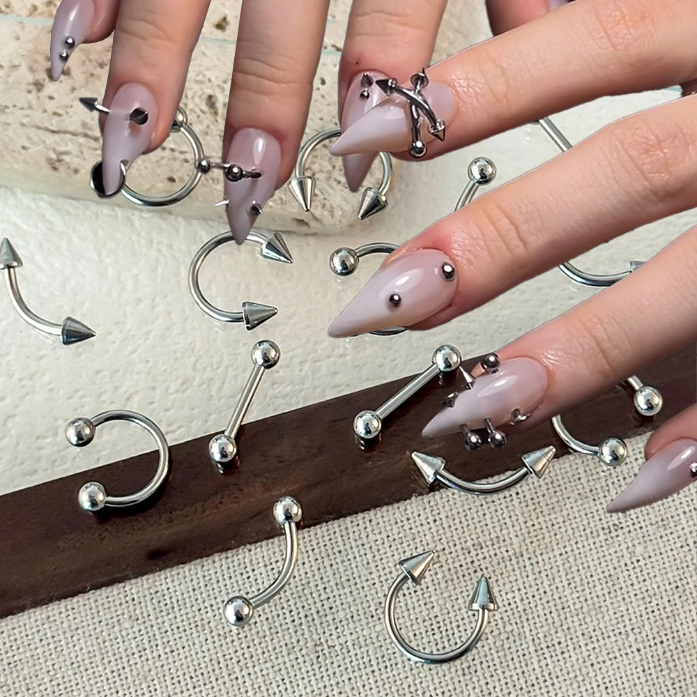 10Pcs Y2k Silver Piercing Alloy Punk Style Nail Charm 3D Retro Round Ball Arrow Curved Perforable Rivet Nail Jewelry DIY NailDec