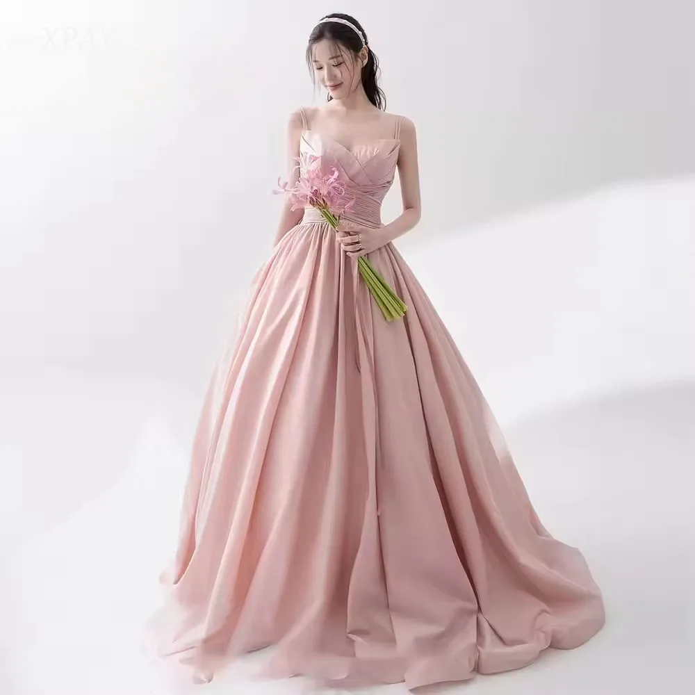 XPAY Sweetheart Collar Pink Spaghetti Strap Korea Evening Dresses A-line Floor-Length Wedding Photo Shoot Formal Party Gown
