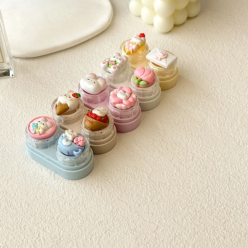 علبة عدسات لاصقة على شكل قطة كرتونية، صندوق عدسات لاصقة صغير محمول مع مجموعة عصا شفط الملقط، تخزين عدسات السفر للنساء والفتيات #6