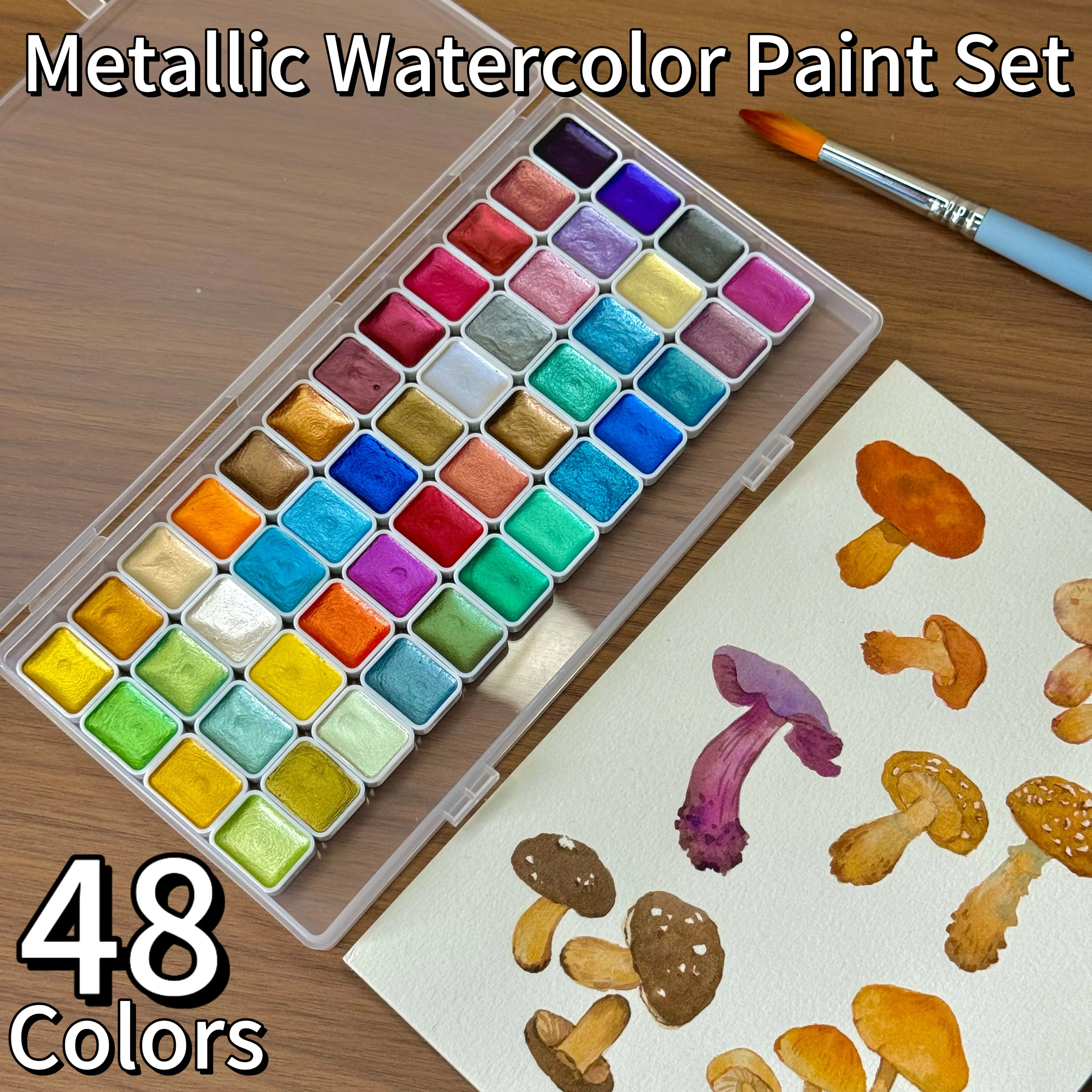 반짝이는 진주빛 48색 단색 수채화 물감 휴대용 상자에 세트, 그림, 쓰기, 장식, 예술가, 초보자용