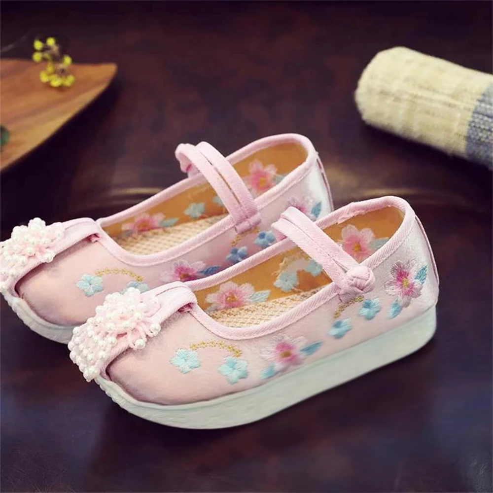 Children's Retro Floral Embroidery Pearl Beaded Single Shoes Kids Girl Spring Thick-soled Hanfu Ancient Costume Dance Cloth Shoe