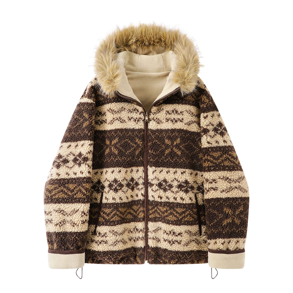 

Women Thick Fleece Sherpa Jacket Hooded Winter Coat with Faux Fur Collar Warm Loose Fit Zip Up Outerwear Vintage Pattern
