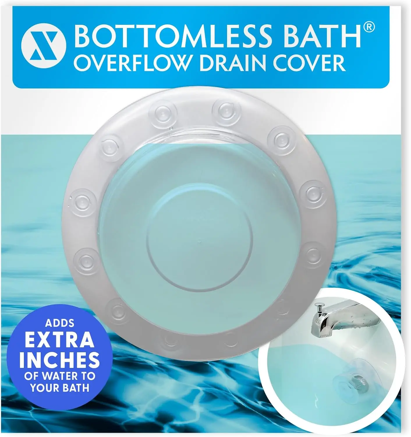 Overflow Drain Cover for Deeper Bath Soak, 4" Clear, Adds Inches of Water