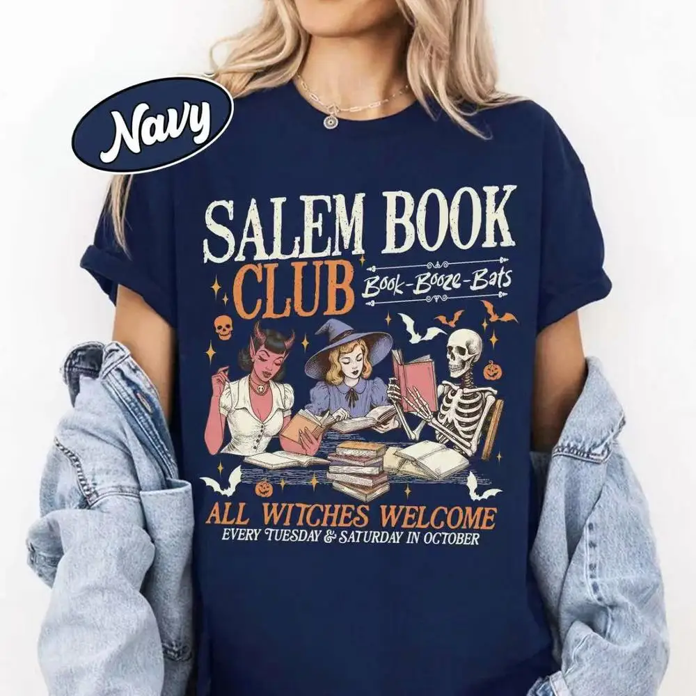 

Женская хлопковая футболка Salem Book Club с принтом и графическим принтом, рубашка ведьмы на Хэллоуин, футболка для любителей книг, футболка для чтения жуткой девушки
