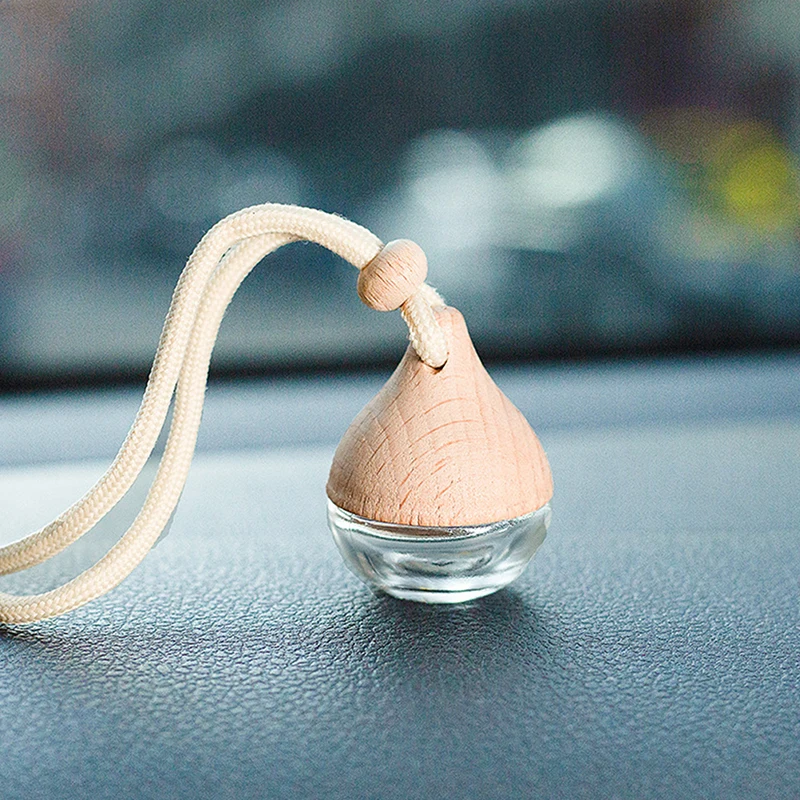 6ML Empty Car Air Freshener Pendant Perfume Glass Bottle With Wooden Caps Refillable Car Essential Oil Diffuser Bottle