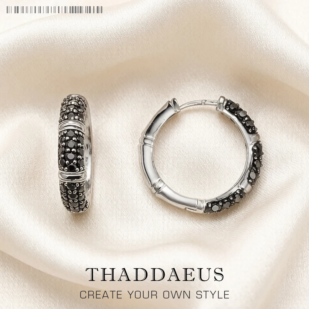 Image of Schwarze Creolen-Creolen aus Bambus mit Scharnier, europäischer glamouröser feiner Schmuck für Damen und Herren, Geschenk aus 925er Sterlingsilber
