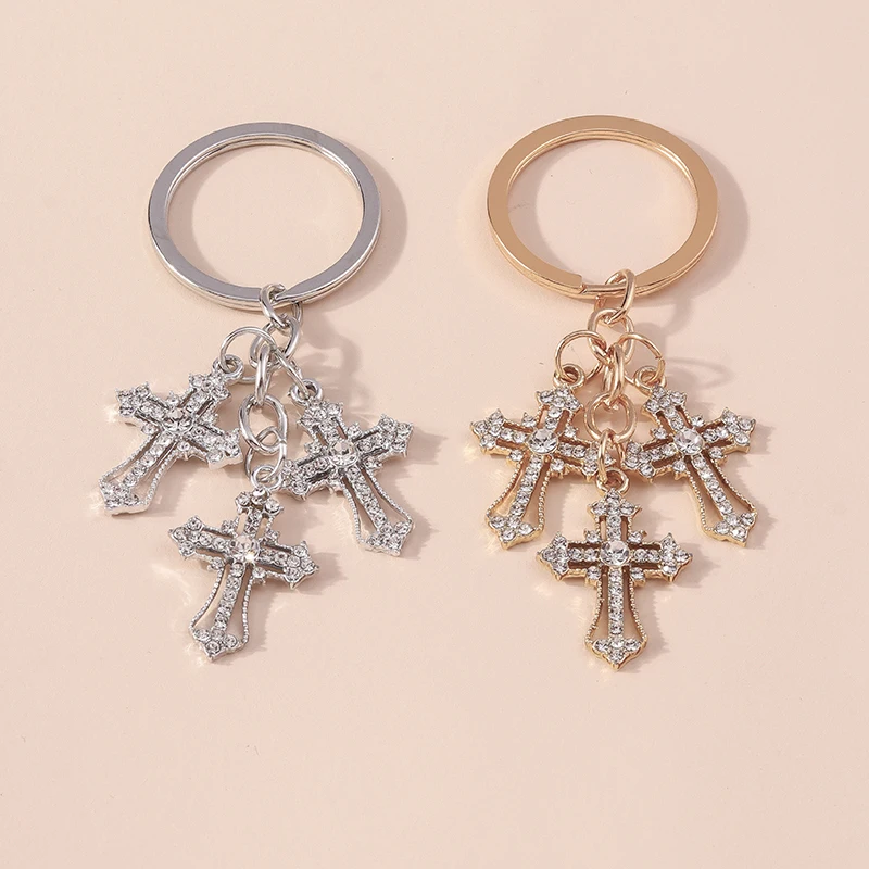 Aihua Schillernder Kristall-Kreuz-Schlüsselanhänger für Damen und Herren, goldfarben, religiöser Jesus-Kruzifix-Schlüsselanhänger, christlicher Schmuck – Detail 3