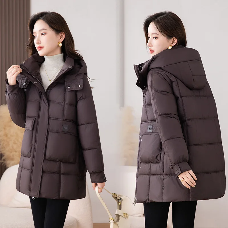 

Хлопковая стеганая куртка с капюшоном, женское зимнее пальто, новинка 2025 года, теплая свободная спортивная хлопковая одежда средней длины, женские парки, верхняя одежда, пальто