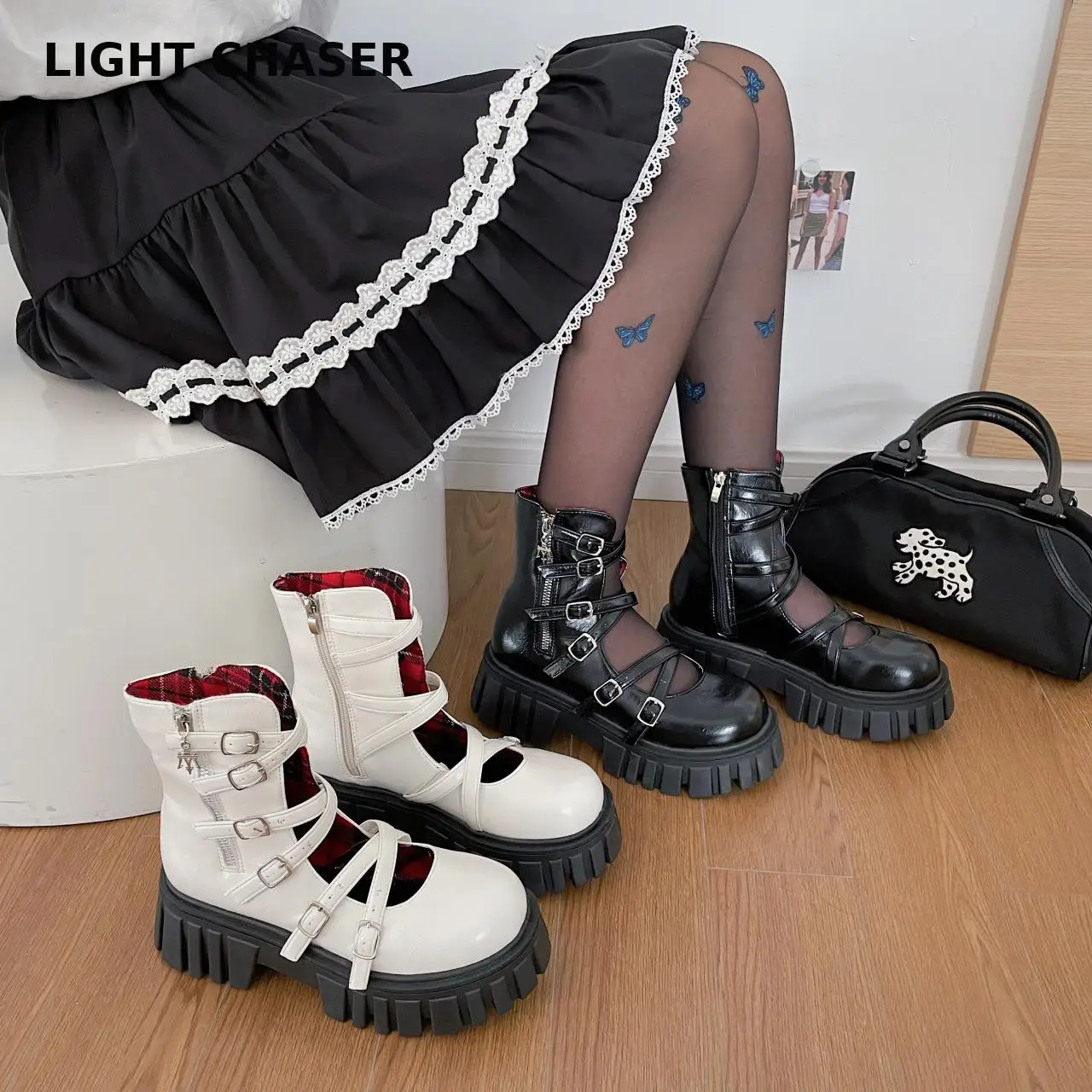 New Botas Women Motorcycle Ankle Boots Wedges Female Lace Up Platforms Booties Black Leather Oxford Shoes Punk Women Boots Mujer