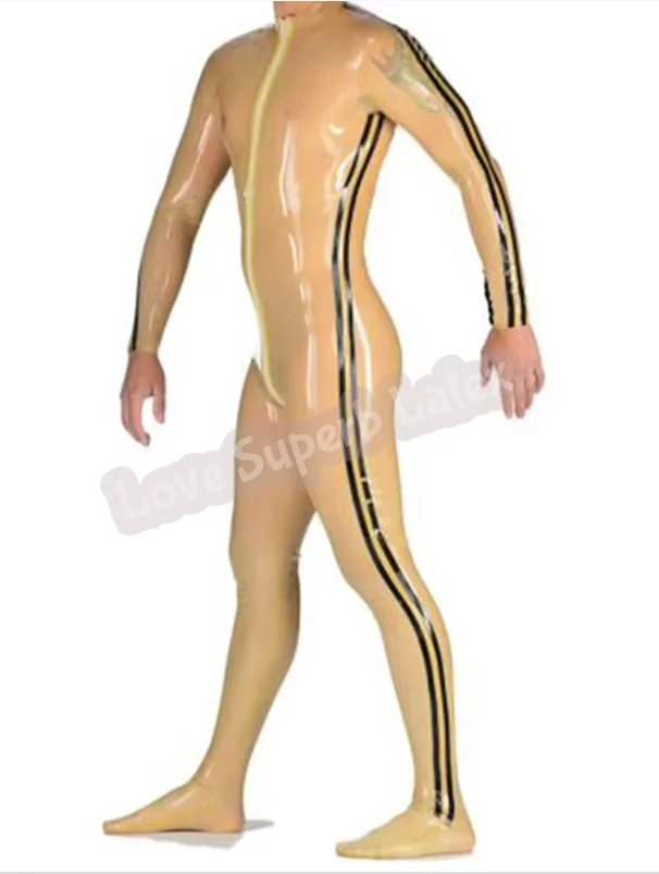 

Transparent Latex Catsuit Black Strips Rubber catsuits suit three way zipper with black trim line No gloves hoods Customize