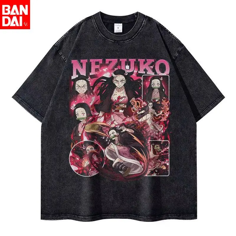 

Demon Slayer Nezuko Kamado Multiple Poses & Blood Art Vintage Wash Print T Shirt Men 2026 Summer Black Oversized Tee Anime
