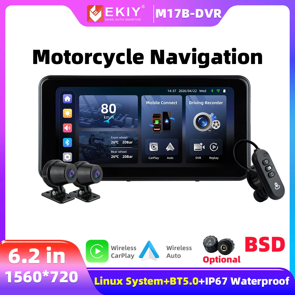 EKIY M17B 6.25 in Motorcycle GPS Navigation Wireless CarPlay Display Screen TPMS DVR Motorcycle Wireless Android Auto Monitor