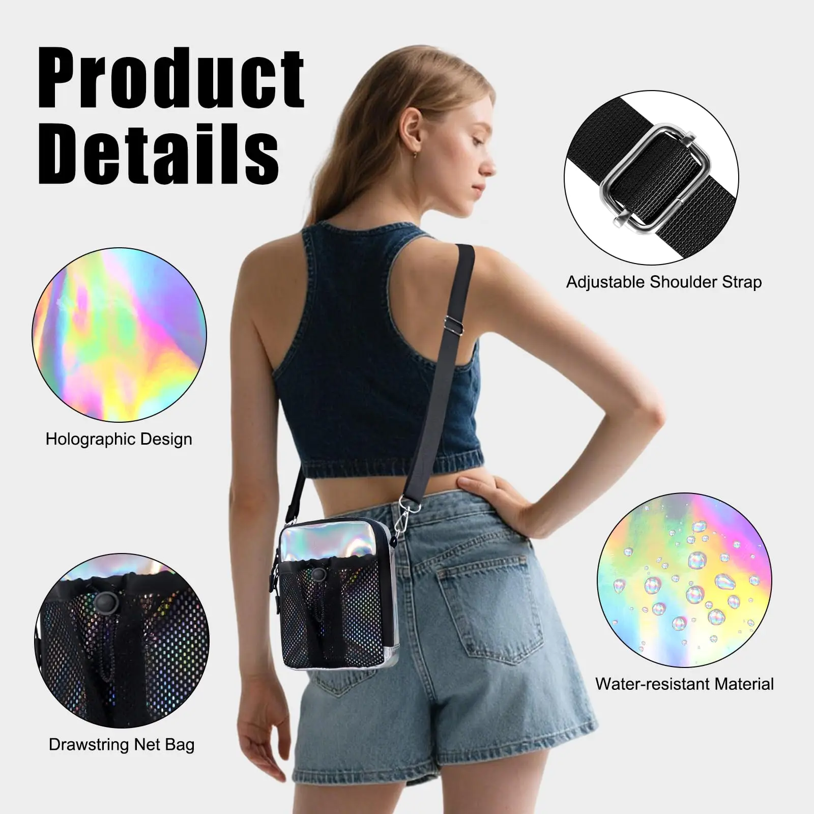 Geestock Festival Gear Mini Crossbody Tas Kleine mobiele telefoontas Damestas Trendy, holografische sling bags Waterdichte portemonnee
