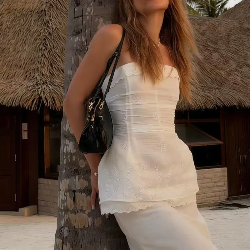 

Женский льняной топ с вышивкой и кружевом, облегающий топ-бандо без рукавов, высококачественная юбка А-силуэта, коллекция 2026, новый стиль, стиль Y2K