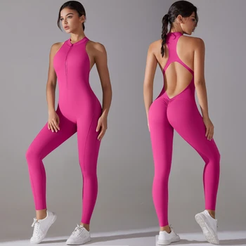 Sexy oco sem costas scrunch macacão esportivo levanta bunda mulher ginásio conjunto de uma peça terno do esporte sem mangas zip yoga macacão de fitness