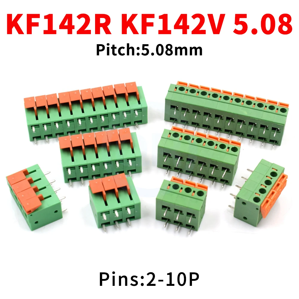

(5/10 шт.) Шаг 5,08 мм KF142V KF142R Вставной пружинный безвинтовой клеммный блок Прямая/изогнутая ножка 142 В 142R 2 ~ 10P Разъем для печатной платы