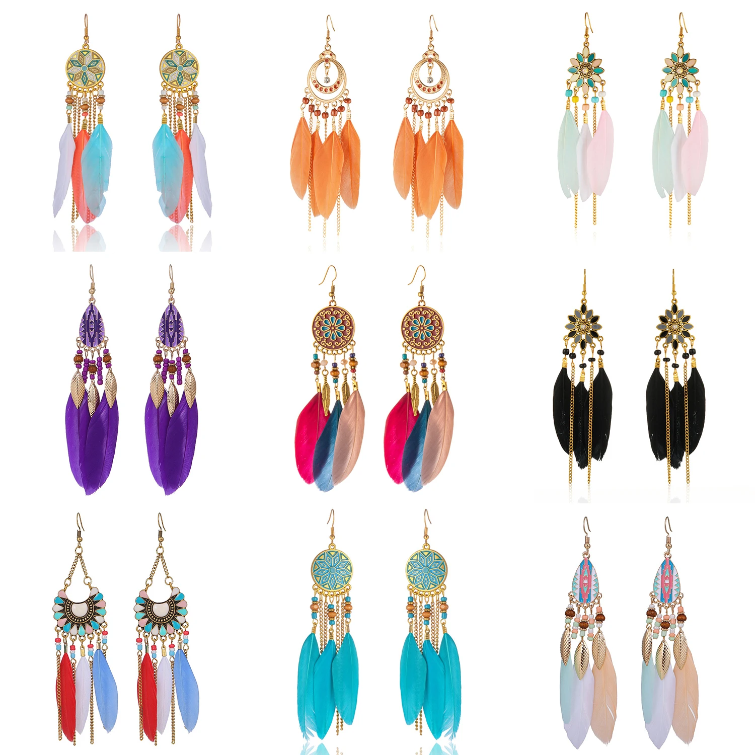 Bohemian Long Feather Earrings for Women Classic Ethnic Retro Temperament Chain Leaf Bead Tassel Earrings Boho Wedding Jewelry