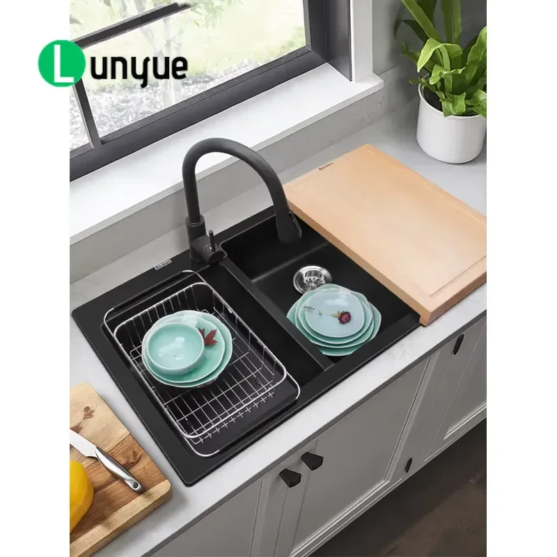 Black Quartz Granite Kitchen Sink Undermount Deep 3 Slot Double Bowl with Knife Holder Handcrafted Durable Stone Basin for