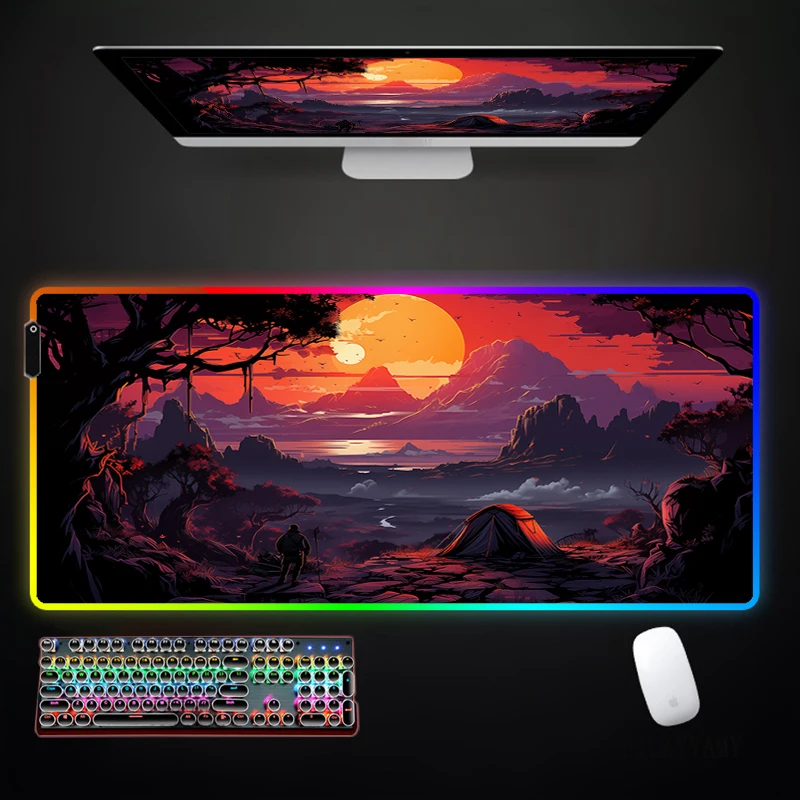 RGB Gaming Mousepad Landscape And Sunset Glow Mouse Mats LED Large Mousepads Keyboard Pads Luminous Desk Mat Mouse Pad Backlit