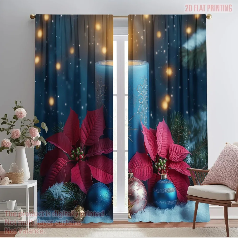 2pcs,2D plane printing Contemporary Curtains Christmas Candle Poinsettia Ornaments (2) Polyester Easy Install (without rod)