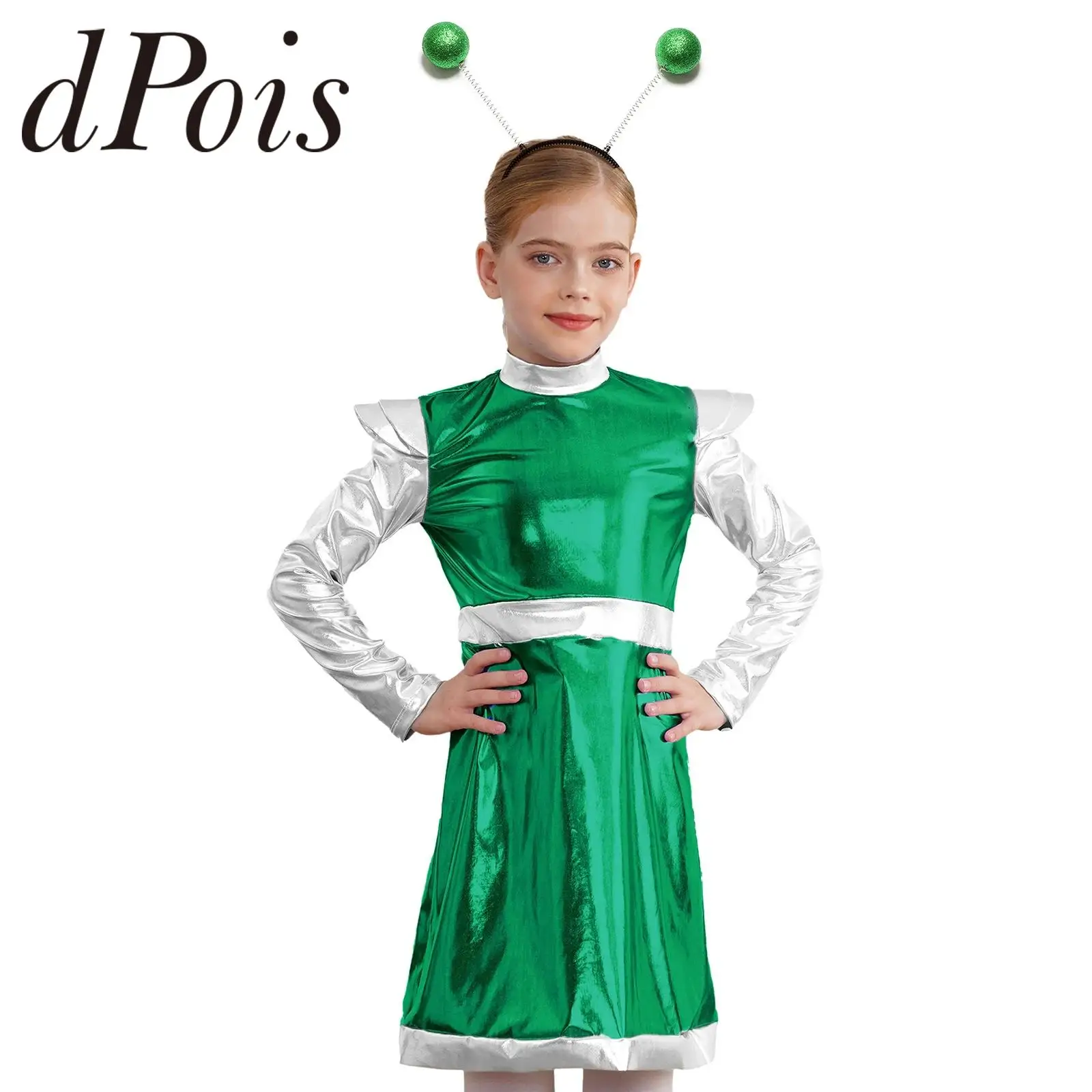 

Kids Girls Alien Cosplay Dress Outer Space Fighter Costume Child PU Astronaut Performance Dress + Hair Hoop Themed Party Costume