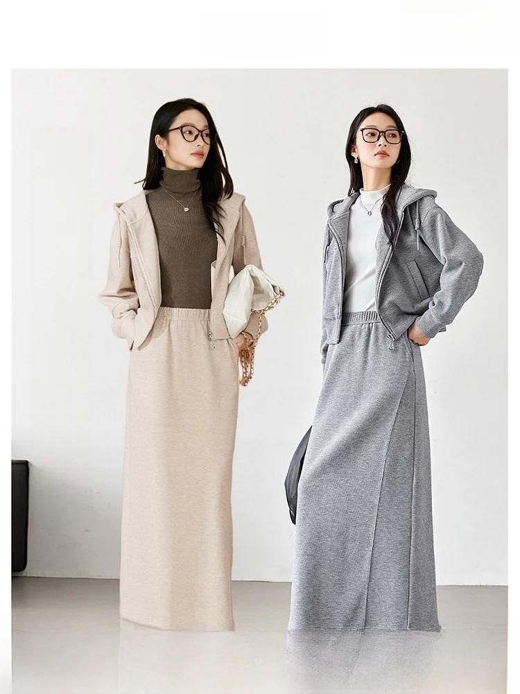 

Women's Winter Thiened Hoodie Set Two-Piece Skirt And Sweatirt Ensemble Casual Sle Long Sve Zipper Closure Faion Set