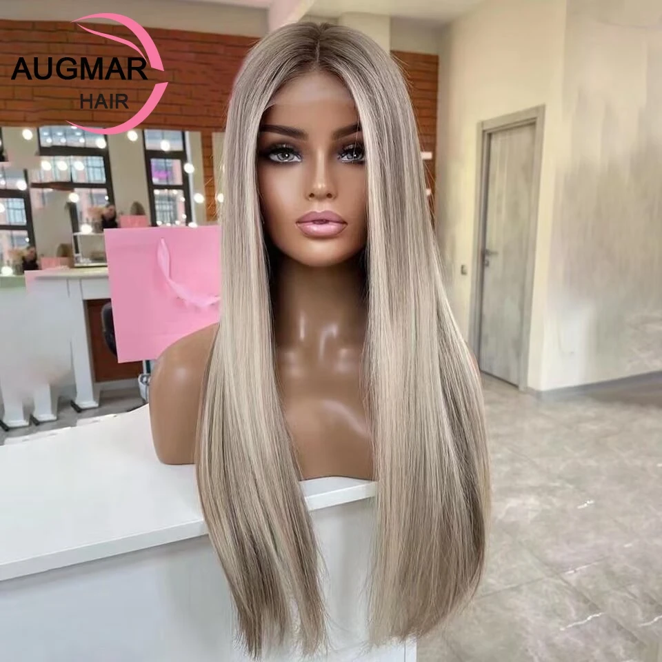 13x4 Silk Base Lace Front Wig Straight HD Lace Frontal Wig 30 Inch Ash Blonde Highlight Lace Front Human Hair Wigs For Women