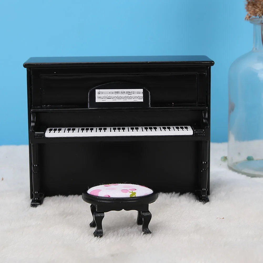 ZK30 1:12 Doll House Accessories Mini Upright Piano Model Toy with Stool Simulation Furniture Black