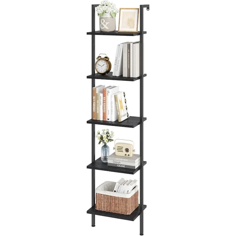 Ladder Shelf, 5-Tier Wood Wall Mounted Bookshelf with Metal Frame, Vintage Open Display Organizer Rack, Leaning Storage Shelves