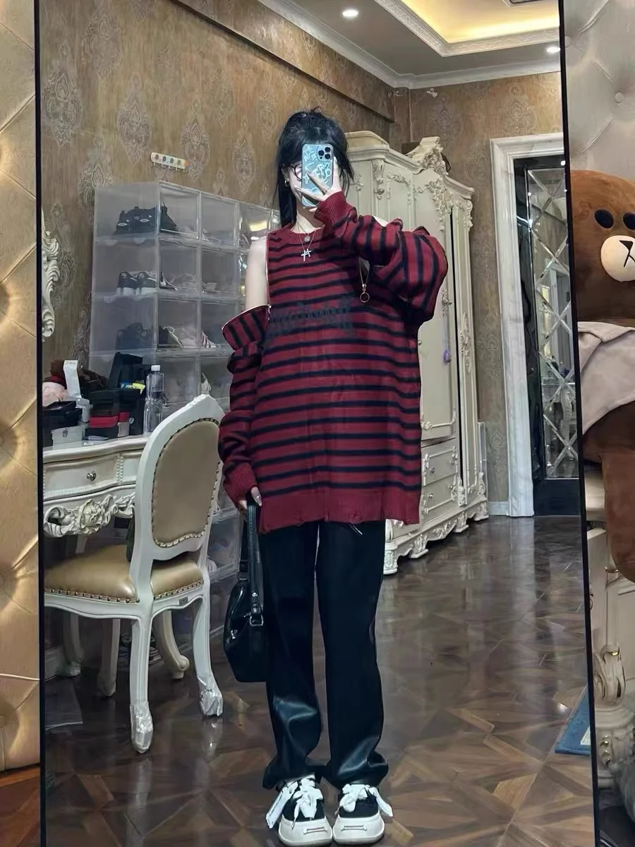 

Женский вязаный свитер Y2K Millennium Punk Street Style с открытыми плечами, молнией, полосатым дизайном, длинными рукавами и круглым вырезом