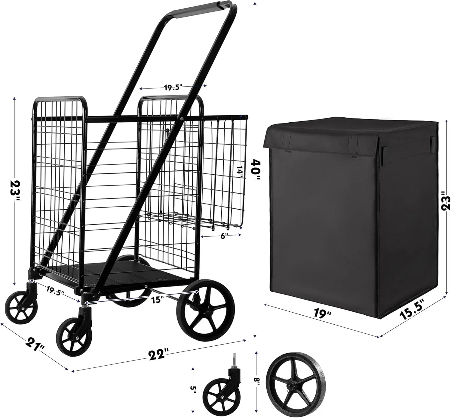 Shopping Cart with Waterproof Liner, Grocery Cart Large Bag with Top Cover, 400 Lb Capacity, Utility Cart with 360° Rolling Swiv