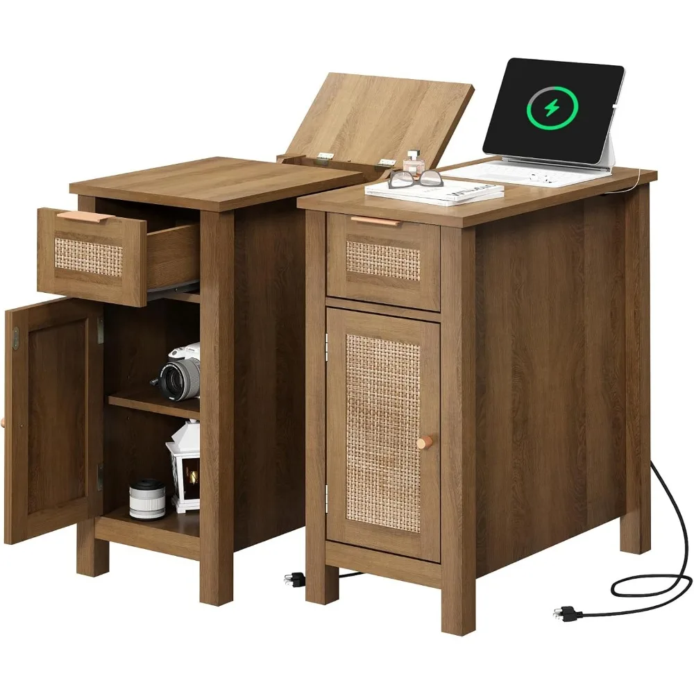 

End Table with Charging Station - Midcentury Rattan Slim Side Table with USB Ports and Power Outlets, Nightstand with Fli