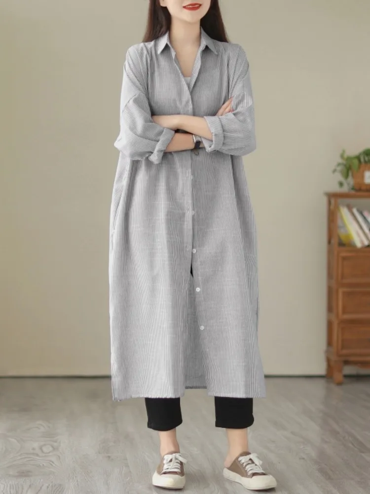 

Женский кардиган Lagenlook большого размера из хлопка и льна в полоску, осенний, повседневный, до колен, на одной пуговице, с открытым передом