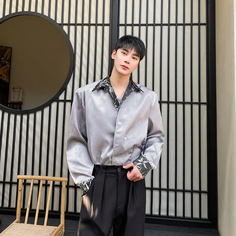 

New Spring Chinese Sle Men's irt Satin Long Sve Turn-down Collar Faionable Youthful Versatile Four Seasons