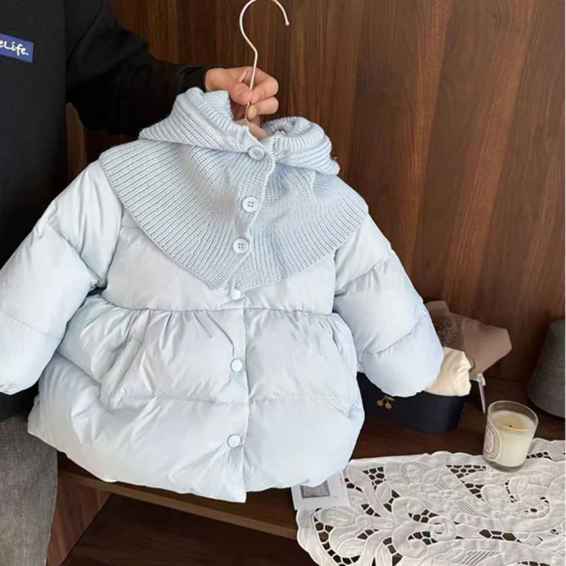 2026 Winter New Popular Mid to Long Size Collection for Children, Solid Color Splicing Knitted Yarn Collar Cotton-padded Jacket