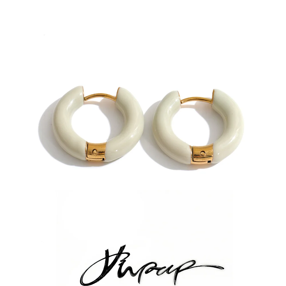 Yhpup 20*20mm Stainless Steel Enamel Round Hoop Earrings Milk Beige Lavender Color Minimalist Casual Daily Jewelry