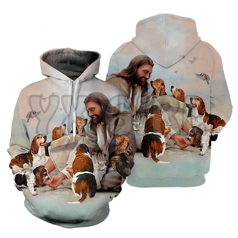 Hoodie Cetak 3D Dikelilingi Yesus Oleh Basset Pria untuk Wanita Uniseks Pullover Hoodie Anjing Lucu Pakaian Olahraga Jalanan Kasual