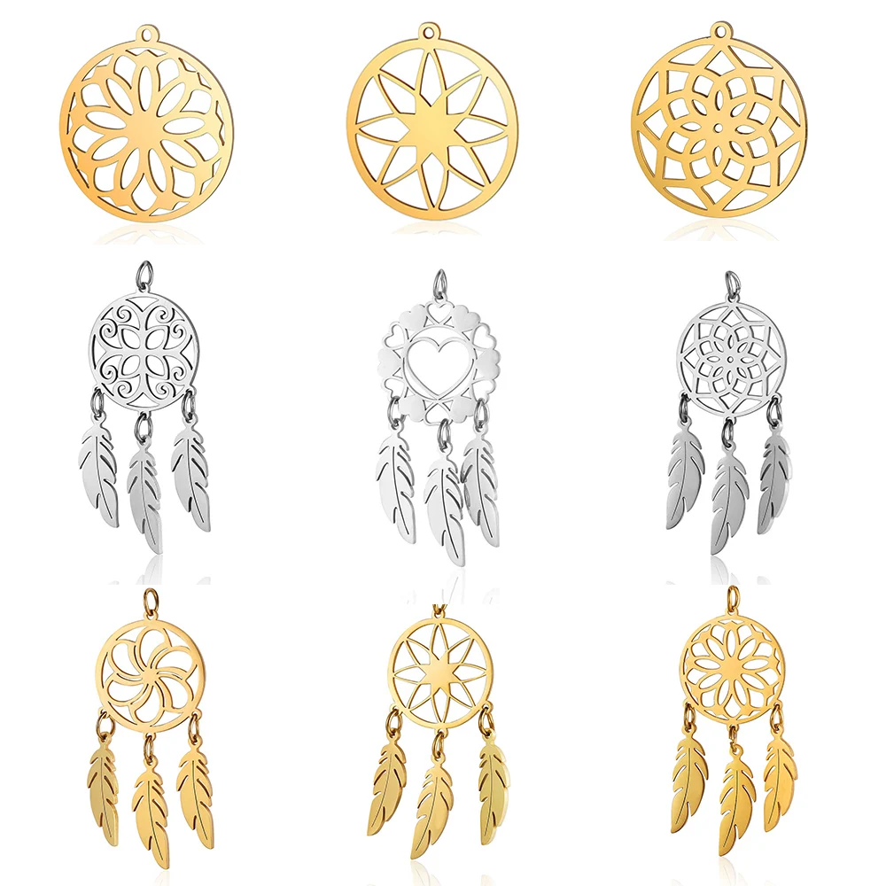 5pcs/lot Bohemia Dream Catcher Charms  Wholesale 316 Stainless Steel Boho Lotus Leather diy Connector Charm OEM Jewelry Pendant