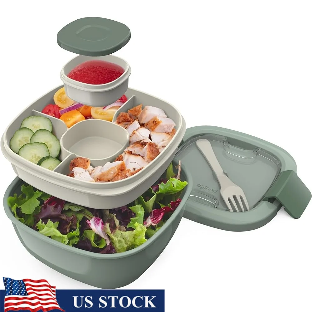 

54 oz Salad Container with 4 Compartment Toppings Tray Leak Proof Dressing Container Reusable Fork BPA Free Lunch Box Meal Prep