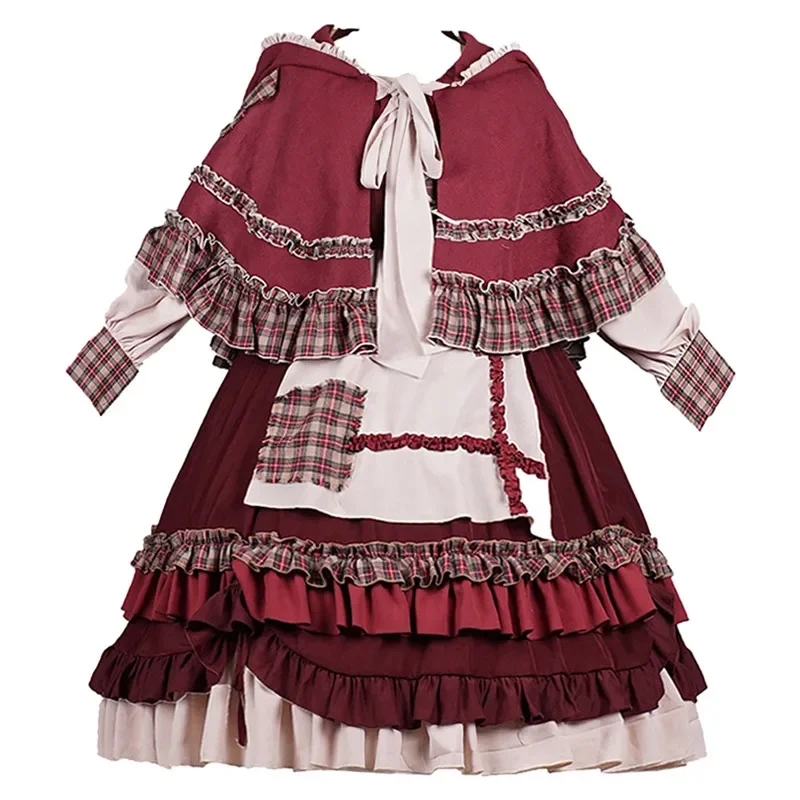 2022 HOT Sweet Girl Lolita Women Dress Vintage Patchwork Red Dress with Cloak Cute Female Bing Cosplay Little Red Riding Hood