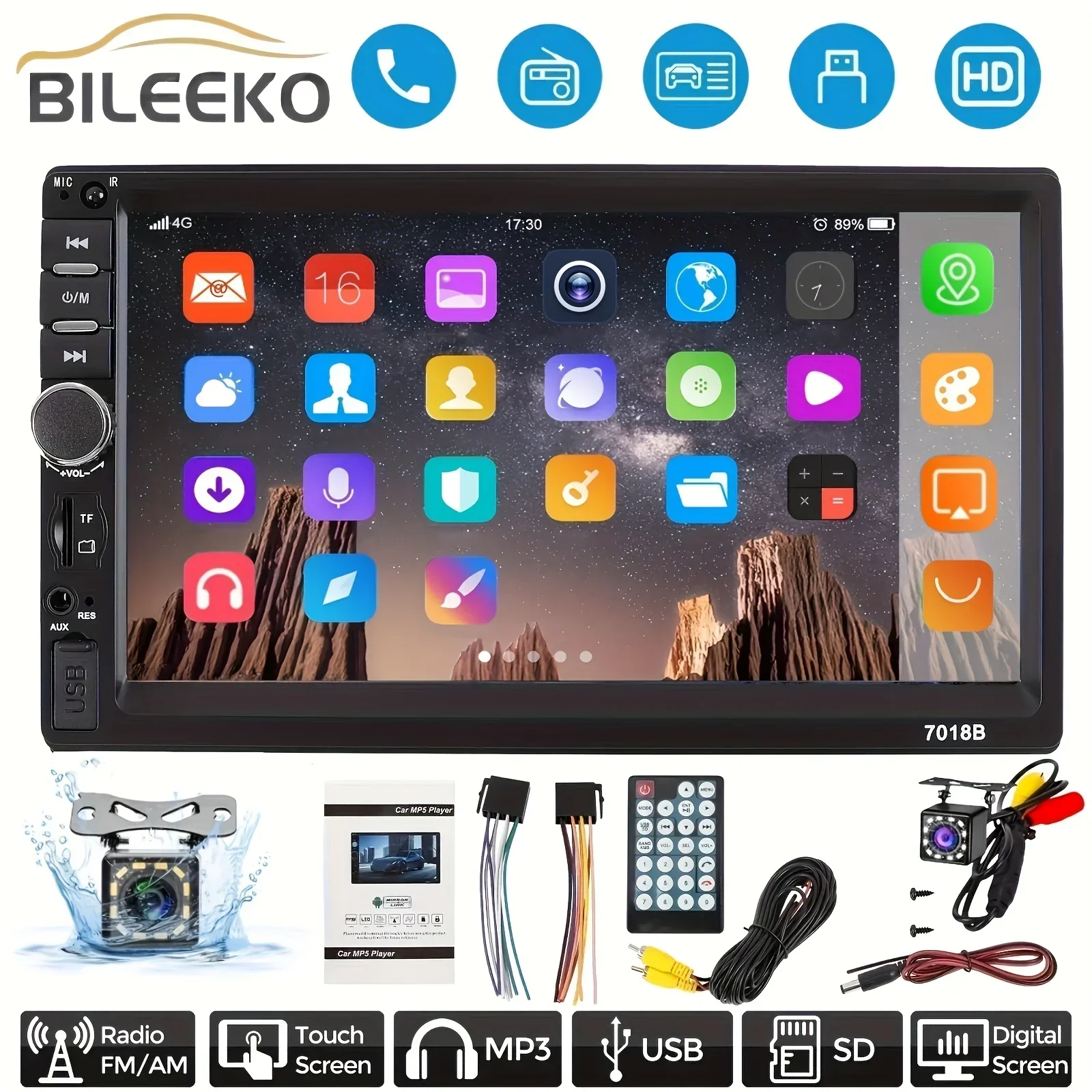 

Bileeko 7'' 2Din Car MP5 Stereo - Touch Screen, USB/TF/AUX, Mirror Link & Backup Camera