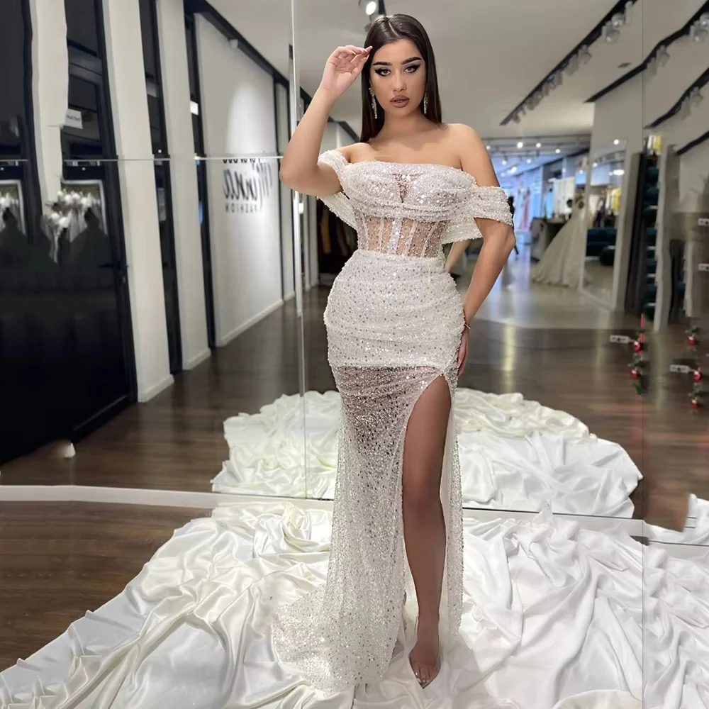 

Customized Off-shoulder Glitter Sequin White Prom Dress Illusion Bodice Mermaid Evening Gown Side Slit Long Party Dress
