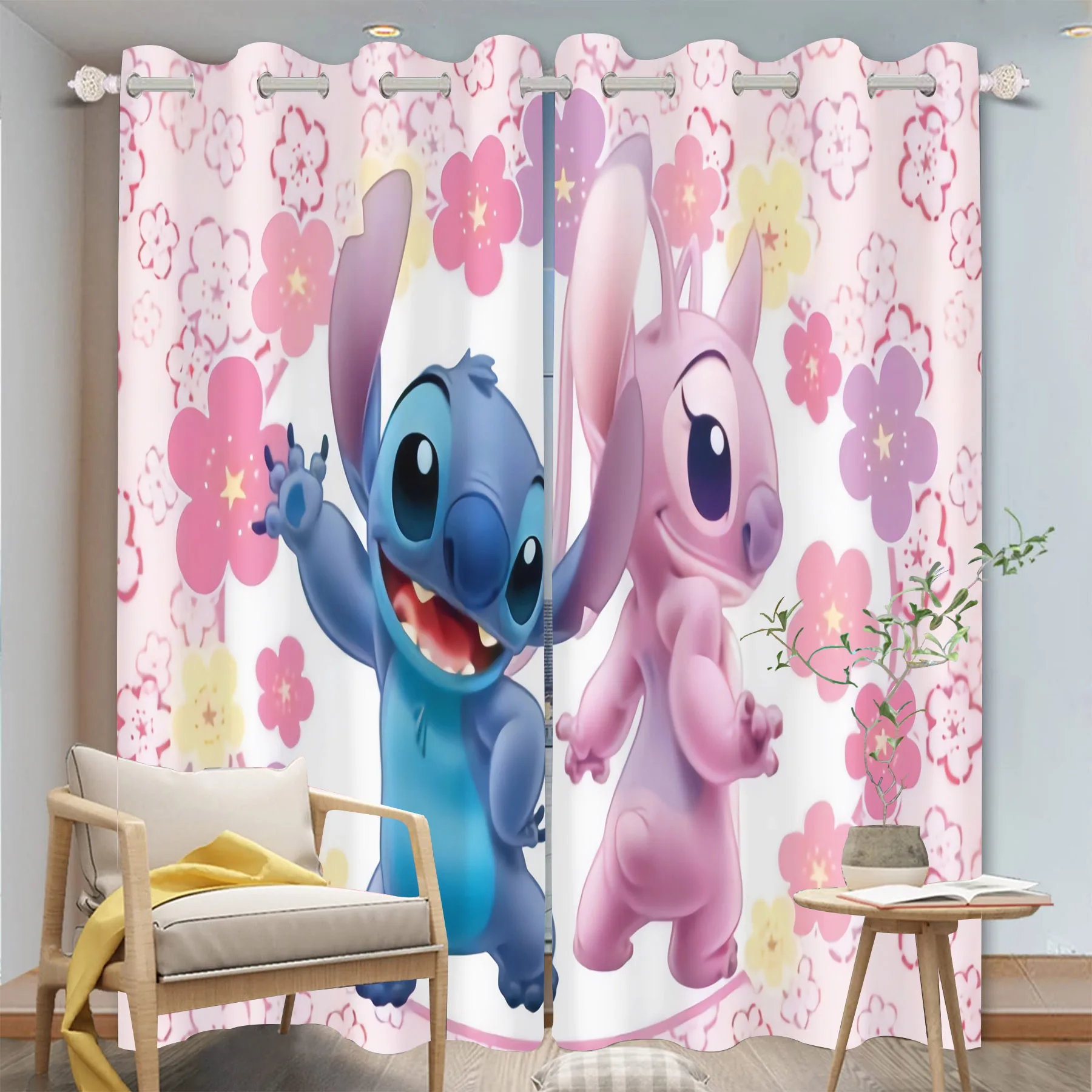 Cortinas opacas estampadas de Anime para sala de estar, dormitorio, cocina, hogar, 100% poliéster, Stitch