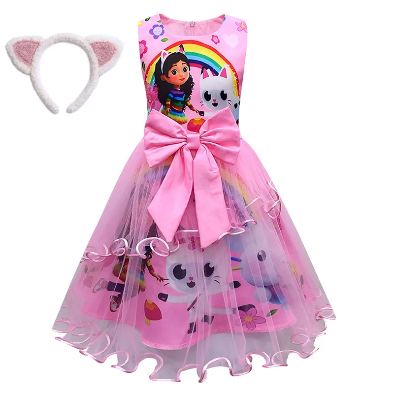 Summer Girls Dress Short Sleeve gabby\'s D-dollhouse Princess Gabby Cat Mesh Tutu Skirt Children\'s Birthday Party Cosplay Dress