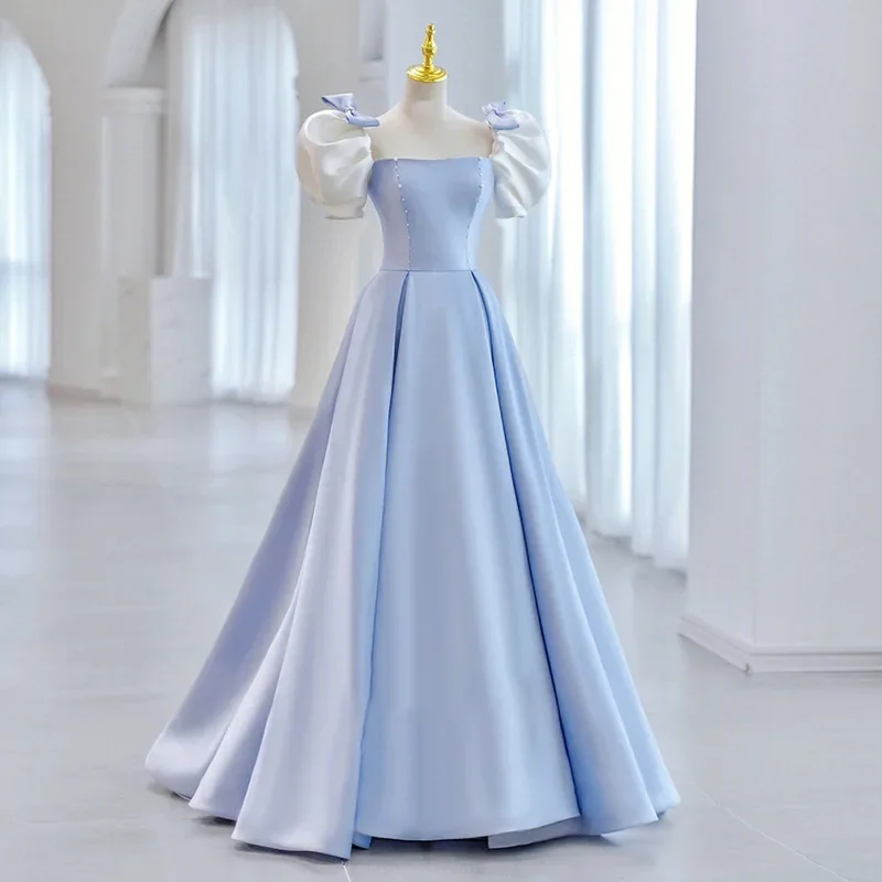 Customized 1Blue Satin Evening Dress Women New Princess Puff Sleeves Bow Backless Lace UP Floor-Length A-line Formal Banquet Gow