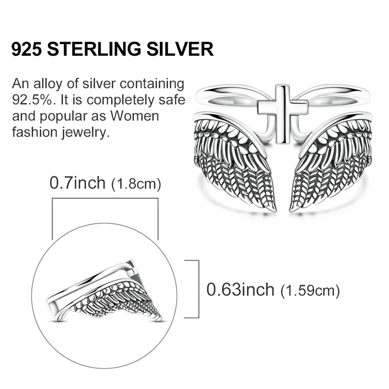 Original 925 Sterling Silver Wings Cross Open Ring For Women Adjustable Size Ring Punk Style Party Jewelry Gift - view 3