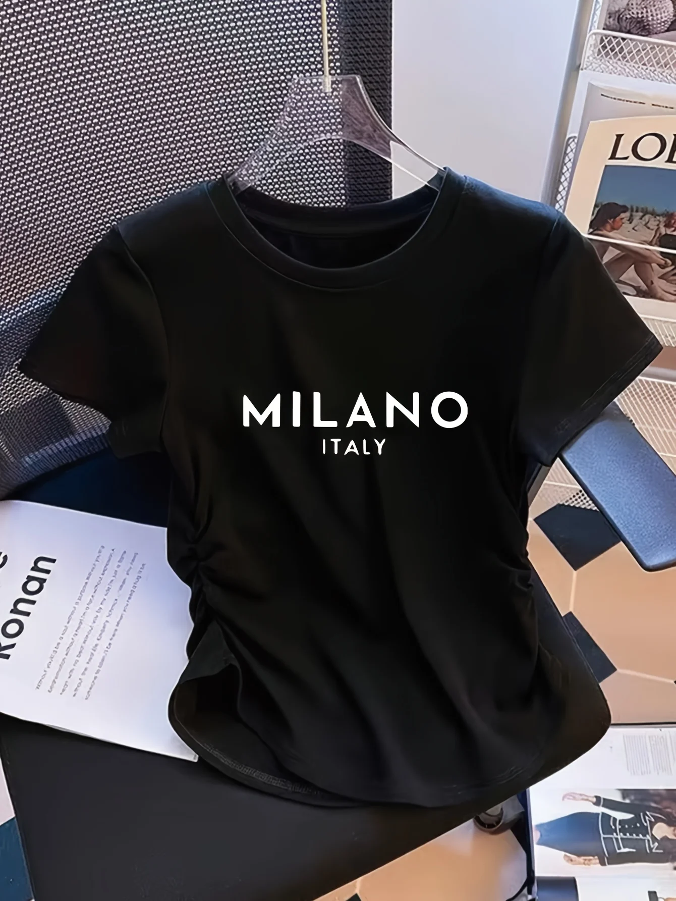 Camiseta con estampado de MILANO Italia para mujer, cuello cuadrado, manga corta, corte ajustado, camiseta informal Y2K