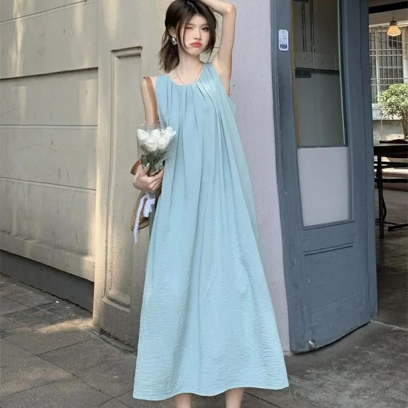 Women  Ruched O Neck Long  Dress Lady  Loose Fit Cutout Backless Sleeveless Dress Female Korean Style City Walk Dress